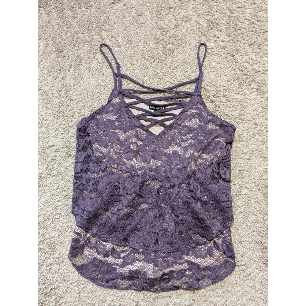 Express Y2K Tiered Lace Babydoll Cami Top Sz S Purple Coquette Dainty Fairy Tank